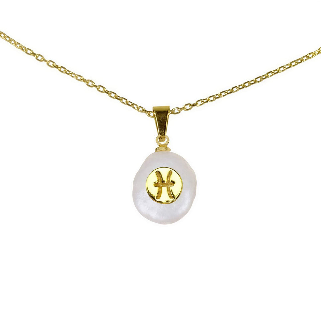 Witte zoetwater parelketting met symbool sterrenbeeld Vissen, ketting met parel met sterrenbeeld vissen symbool hangend aan goud edelstalen ketting