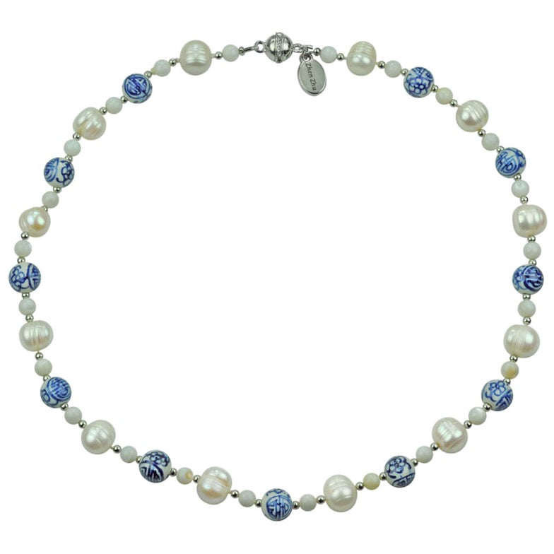 Zoetwater parelketting met kralen met Delfts blauw motief en magneetslotje | Hollands Glorie Zilver Bling