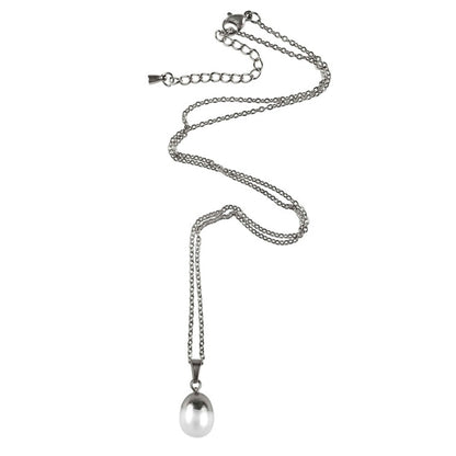 Zoetwater parelketting met witte parel hanger en zilver edelstaal liggend | Silver Dip White Pearl