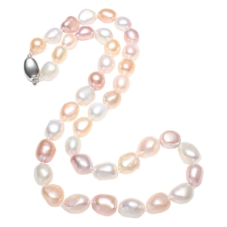 Handgeknoopte zoetwater parelketting met witte, zalm en roze parels | set Sina