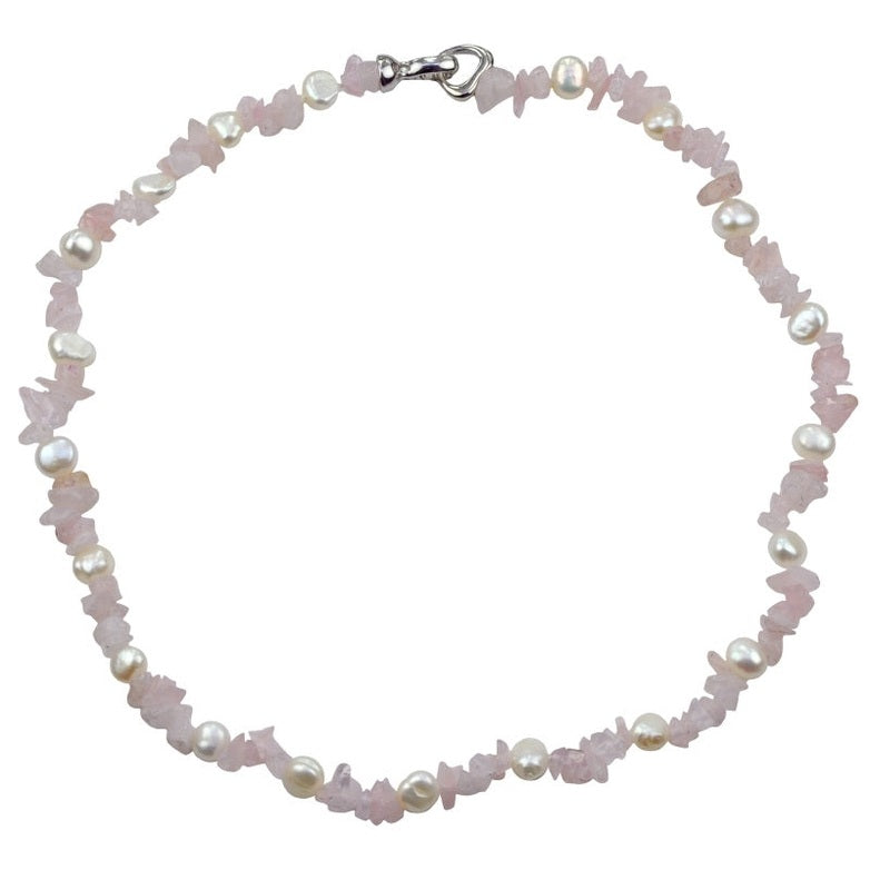 Zoetwater parelketting met witte parels en roze edelsteen rozenkwarts | Sweet Heart