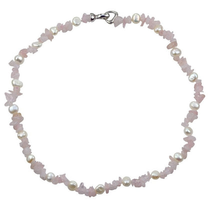 Zoetwater parelketting met witte parels en roze edelsteen rozenkwarts | Sweet Heart