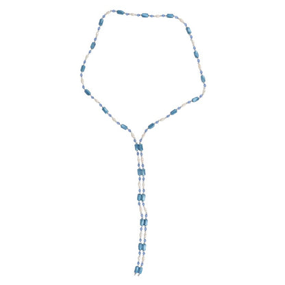 Lange zoetwater parelketting met witte parels en blauwe edelsteen magnetiet | Wrap Magenetite Blue Pearl