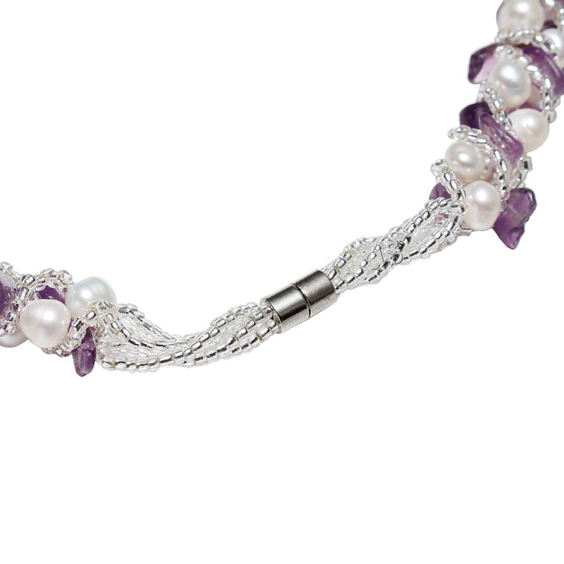 Magneetslotje van zoetwater parelketting met witte parels en paarse edelsteen amethist | Pearl White Amethyst