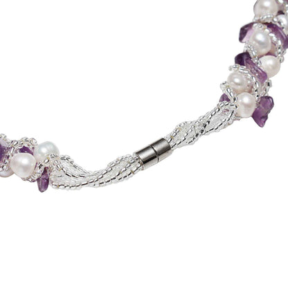 Magneetslotje van zoetwater parelketting met witte parels en paarse edelsteen amethist | Pearl White Amethyst