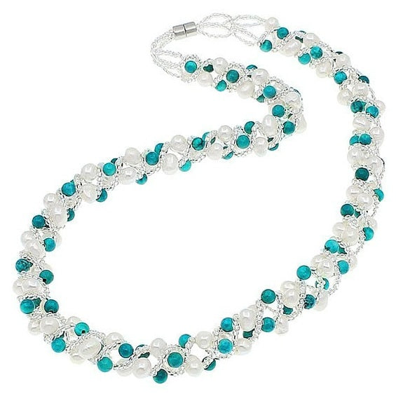 Witte zoetwater parelketting met turkoois en magneetslot | set Tonica