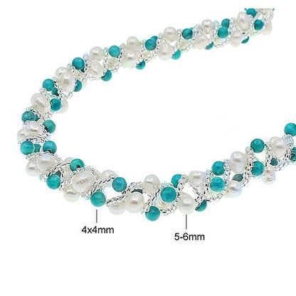 Witte zoetwater parelketting met turkoois en magneetslot, maat indicatie | set Tonica