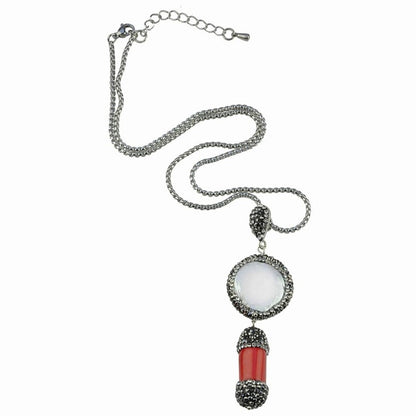 Witte zoetwater parelketting met rood koraal, stras steentjes en zilver edelstaal | Bright Pearl Coral