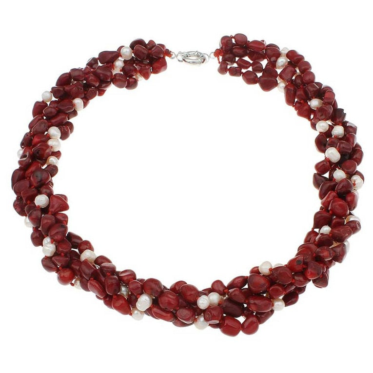 Zoetwater parelketting met witte parels en rood koraal in 5 rijen | Caro