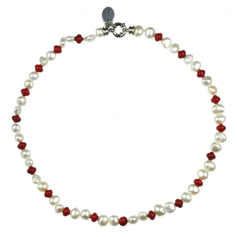 Zoetwater parelketting met witte parels en rood koraal | Coral Lantem