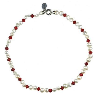 Zoetwater parelketting met witte parels en rood koraal | Coral Lantem