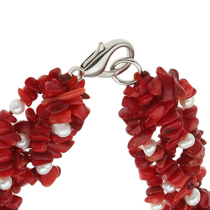 Slotje van zoetwater parelketting met witte parels en rood koraal in 5 rijen | Pearl Coral