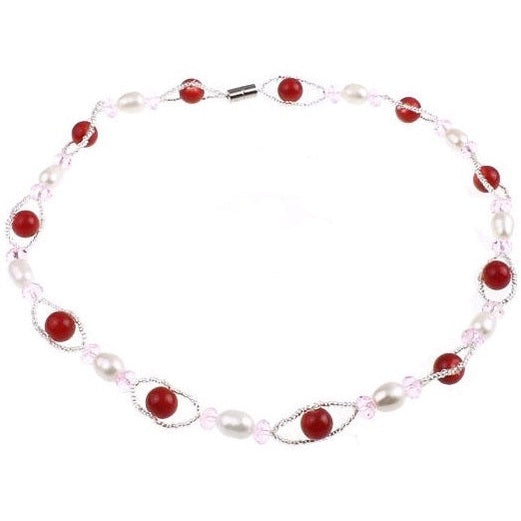 Zoetwater parelketting met witte parels, roze glas kristallen, rode glas kralen  en magneetslotje | Recio