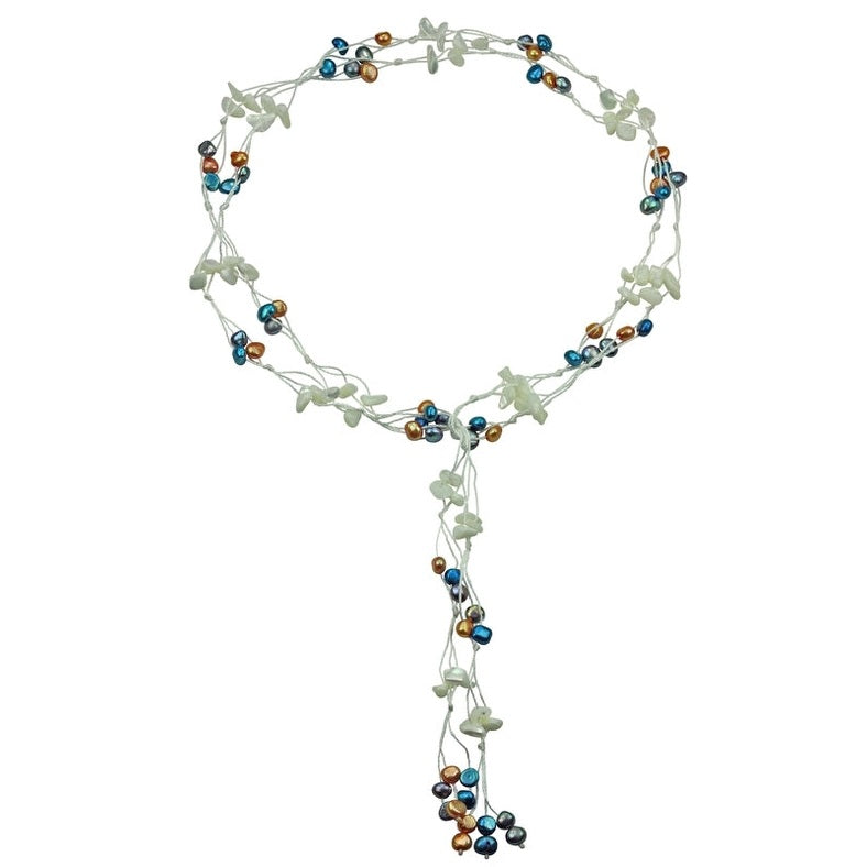 Lange zoetwater parelketting met gekleurde parels en wit parelmoer | Sweet Blue