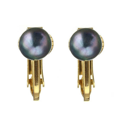 Kleine grijze zoetwater parel clips oorbellen met goud edelstaal, vooraanzicht | Gold Grey Clip Pearl 6 mm