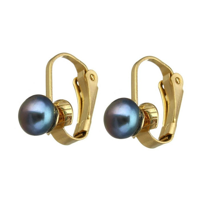 Kleine grijze zoetwater parel clips oorbellen met goud edelstaal, zijaanzicht | Gold Grey Clip Pearl 6 mm