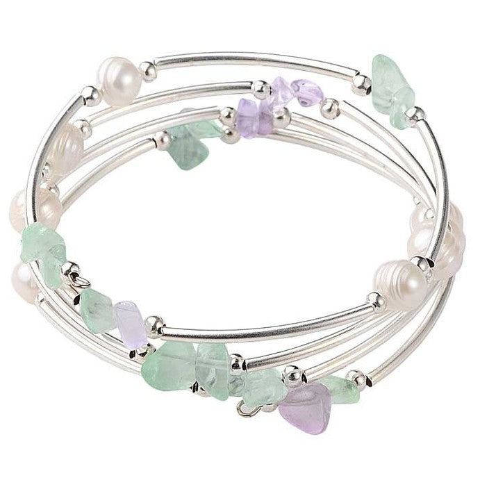 Zoetwater parel wikkel armband met witte parels en edelsteen fluoriet | Wrap Pearl Fluorite