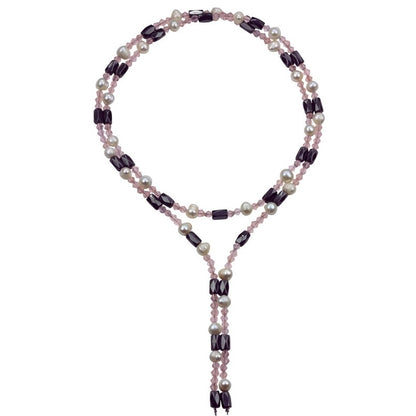 Wit zoetwater parel wikkel ketting met edelsteen magnetiet en roze kristal | Pearl Pink Crystal Magnetite Wrap