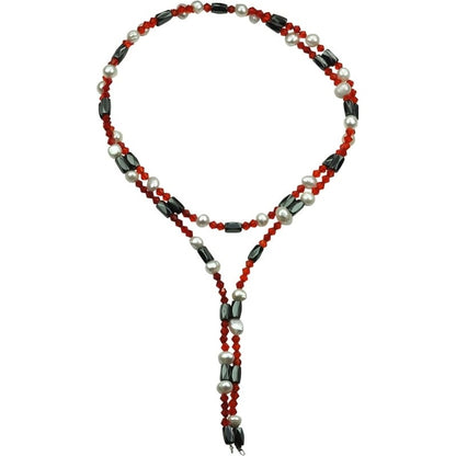 Zoetwater parelketting met edelsteen magnetiet en rood kristal | Pearl Red Crystal Magnetite Wrap