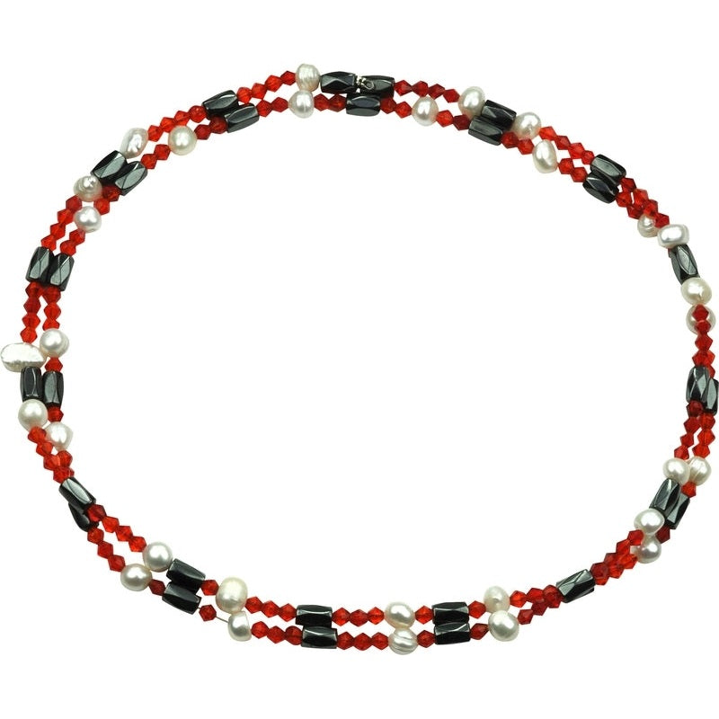Zoetwater parelketting met edelsteen magnetiet en kristal ook te dragen als parelketting liggend | Pearl Red Crystal Magnetite Wrap
