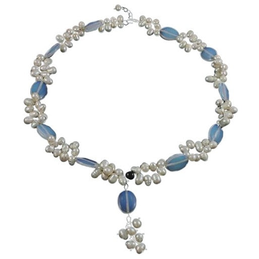 Zoetwater parelketting met witte parels en blauwe edelsteen opaal | Sopal
