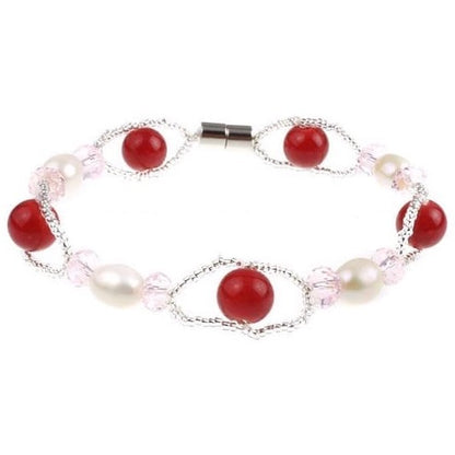 Zoetwater parel armband met witte parels, rode en roze glaskralen en magneetslotje | set Recio