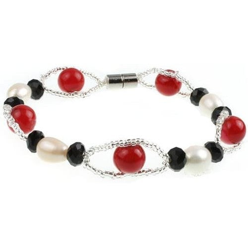 Zoetwaterparel armband met magneetslot, witte parels en rode en zwarte kralen | Santa