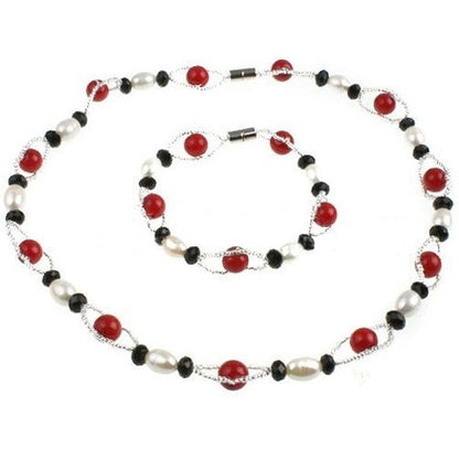 Zoetwaterparel set met parelketting en parel armband met magneetslot, witte parels en rode en zwarte kralen | Santa