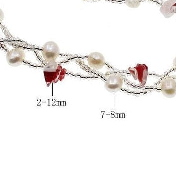 Wit zoetwater parel armband met rode agaat en magneetslotje, maatindicatie | Twine Pearl Red Agate