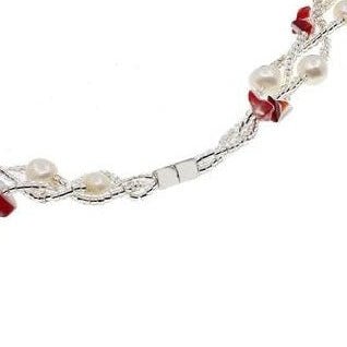 Magneetslotje van wit zoetwater parel armband met rode agaat | Twine Pearl Red Agate