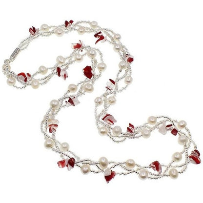 Zoetwater parelketting met witte parels, rode agaat en magneetslotje | set Twine Pearl red Agate
