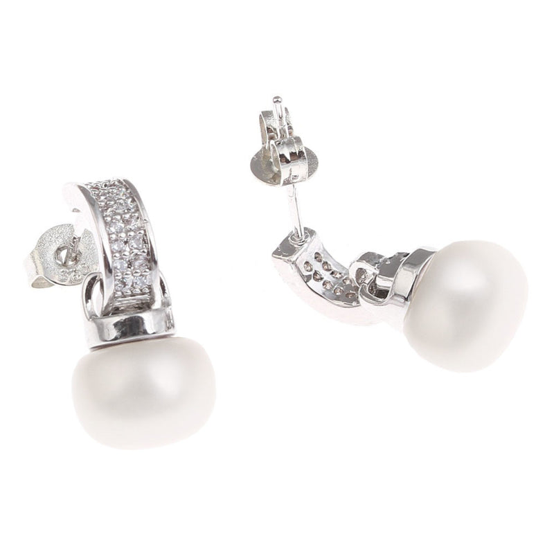 Witte zoetwater parel oorbellen met stras steentjes, achterkant  | Zirca W