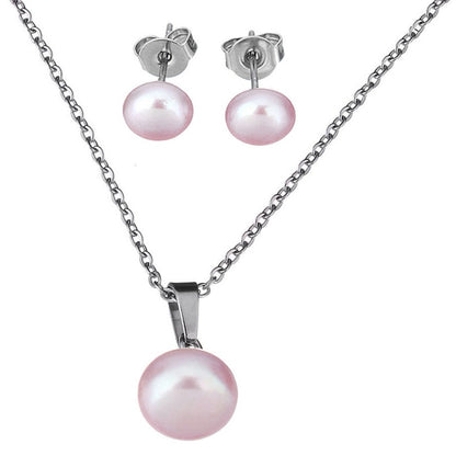 Zoetwater parel set bestaande uit een parelketting en parel oorbellen met roze parels en zilver edelstaal | set Brit P
