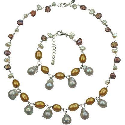 Zoetwater parel set bestaande uit een parelketting en parel armband met grijze, oker en bruine parels | set Daisy