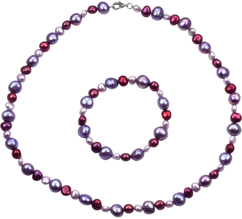 Zoetwater parel set bestaande uit parelketting en parel armband met rode, paarse en lila kleurige parels en gerhodineerd zilver | set Pulla