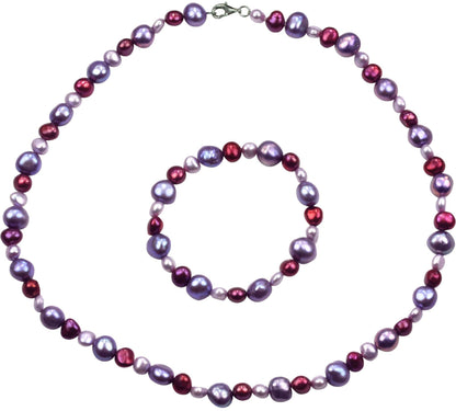 Zoetwater parel set bestaande uit parelketting en parel armband met rode, paarse en lila kleurige parels en gerhodineerd zilver | set Pulla