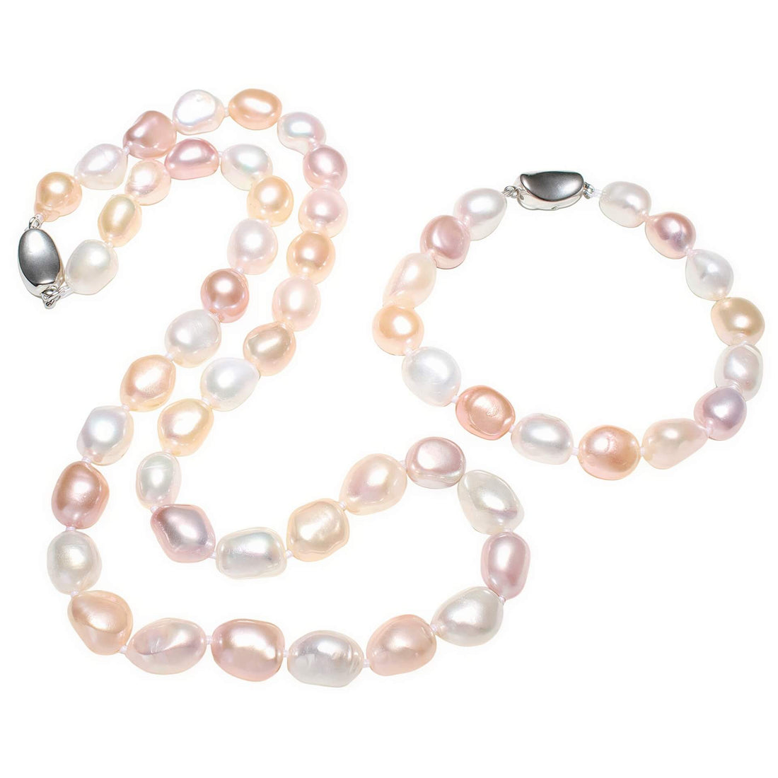 Handgeknoopte zoetwater parel set bestaande uit parelketting en parel armband met witte, zalm en roze parels | set Sina