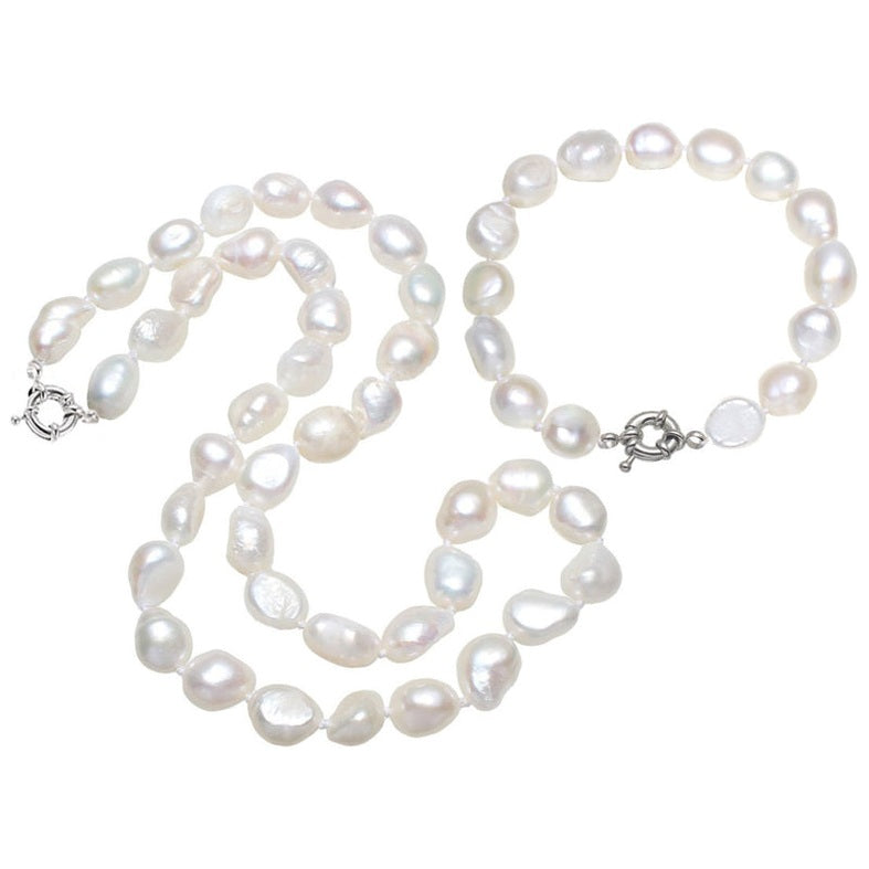 Handgeknoopte witte zoetwater parel set bestaande uit een witte parelketting en een wit parel armband | set Wola Two