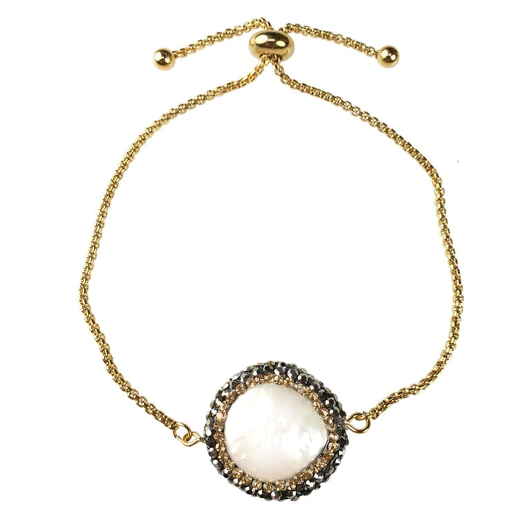 Wit zoetwater parel armband met goud edelstaal, stras steentjes en een schuifslotje | Bright Minimal Gold Coin