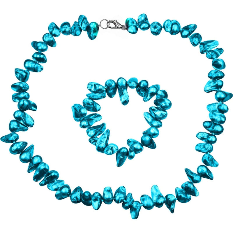 Zoetwater parel set bestaande uit een parelketting en parel armband met aqua blauwe parels en sterling zilver (925) | set Pearl Blister Aqua Blue (KA)