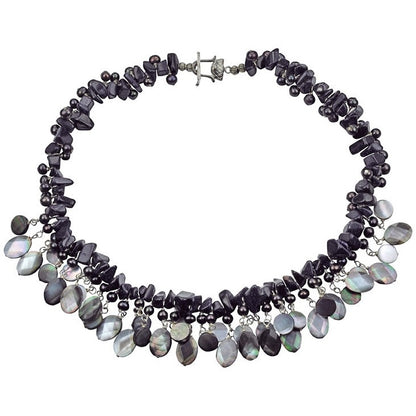 Zoetwater parelketting met blauw zwarte parels, donker blauwe edelsteen goudsteen en grijs parelmoer | Glossy Black Drup