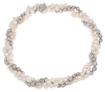 Zoetwater parelketting met witte en grijze parels in 3 rijen | Three Double Pearl White Grey