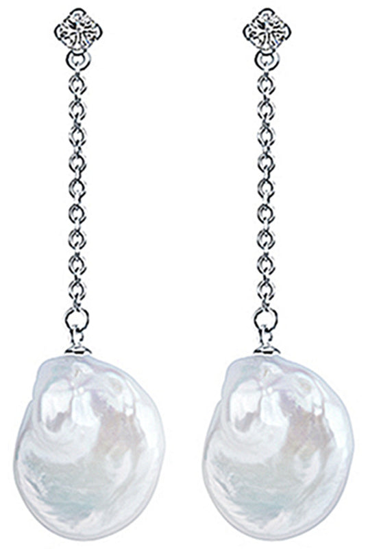 Zoetwater parel oorbellen met witte coin parels, stras steentje en sterling zilver (925) | set Bling Dangling Coin Pearl