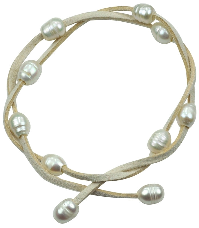 Wit zoetwater parel armband met crème wit suede | Wrap Suède Cream Pearl