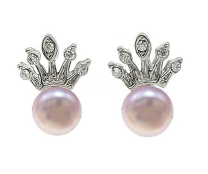 Zoetwater parel oorknopjes met roze parel en zilveren kroontje met stras steentjes | Queen Pink