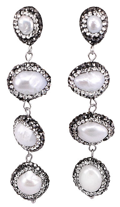 Lange witte zoetwater parel oorbellen met stras steentjes | Bright Four Pearls