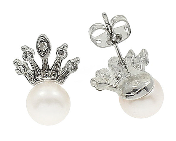 Zoetwater parel oorknopjes met witte parels en zilveren kroontje met stras steentjes, voor en achterkant | Queen White