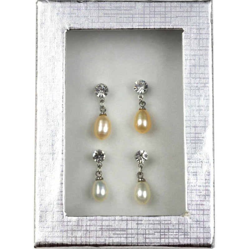 Cadeau set met 2 paar (zalm en wit) zoetwater parel oorknopjes met stras steentje | Cadeau set Big Crystal Pearl W-Pe