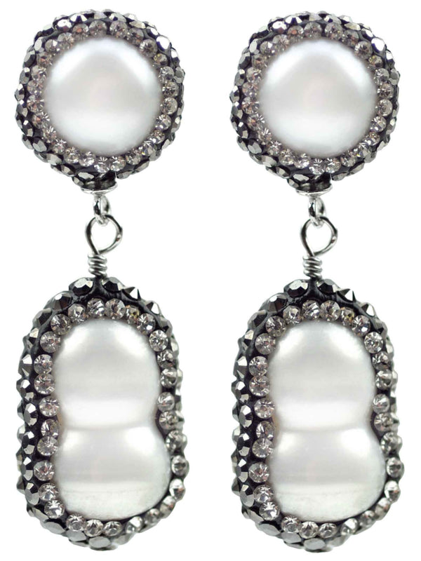 Zoetwater parel oorbellen met witte parels, stras steentjes en sterling zilver (925), vooraanzicht | Double Bling Peanut Pearl