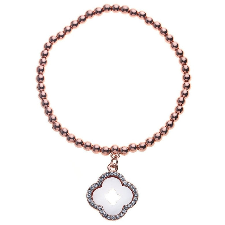 Wit parelmoeren armband met rose goud en stras steentjes | Shell Four Leaf Clover W Open